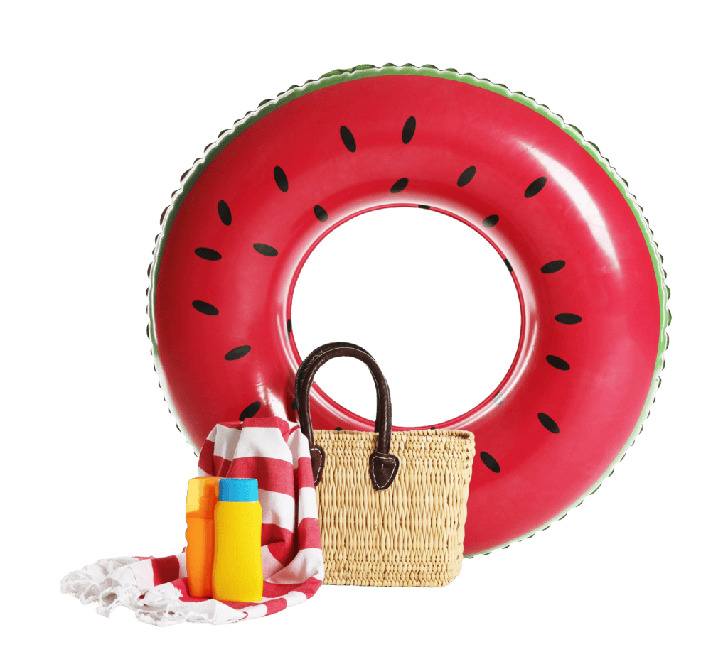 Inflatable watermelon pool float with beach bag, towels, and sunscreen for summer fun.