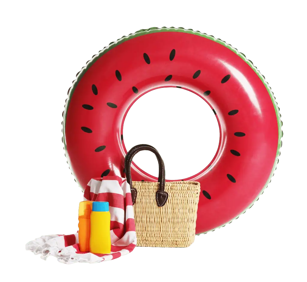 Inflatable watermelon pool float with beach bag, towels, and sunscreen for summer fun.