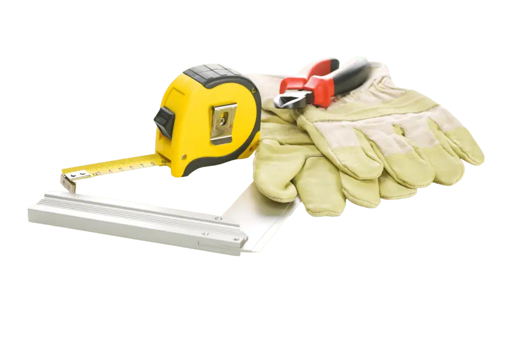 Construction tools including tape measure, gloves, and screwdriver for pool setup.