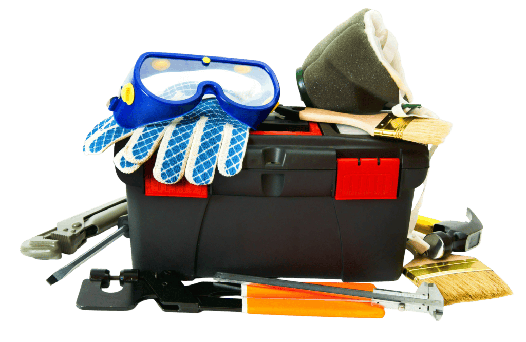 Pool maintenance tools including brushes, skimmers, and cleaning gear for pools.