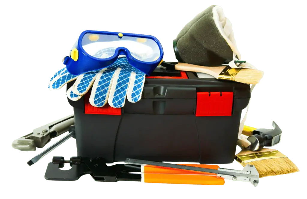 Pool maintenance tools including brushes, skimmers, and cleaning gear for pools.